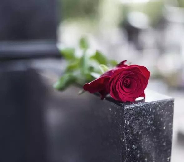 A red rose laying on top of a black tombstone.
