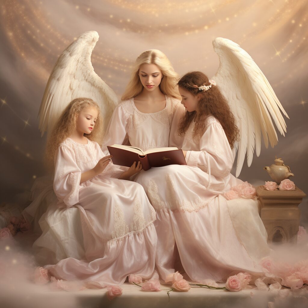 Three angels are sitting on a bench reading.