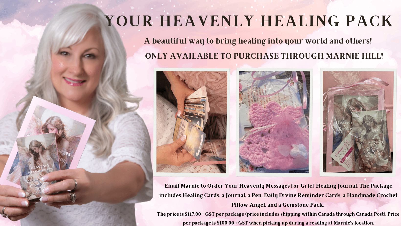 A woman holding onto some paper with the words " your heavenly healer ".